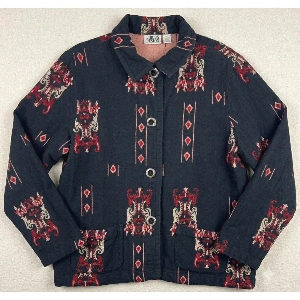 Chico's Design Jacket Womens 2 Large Black Red Tapestry‎ Cotton Blend Boho Artsy